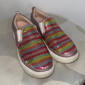 UGG girls shoes, multicolor, pink, blue, green, and yellow in size 6.